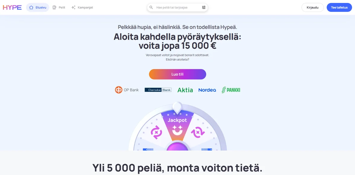 Hype casino – etusivu ja starttiedun pyörä